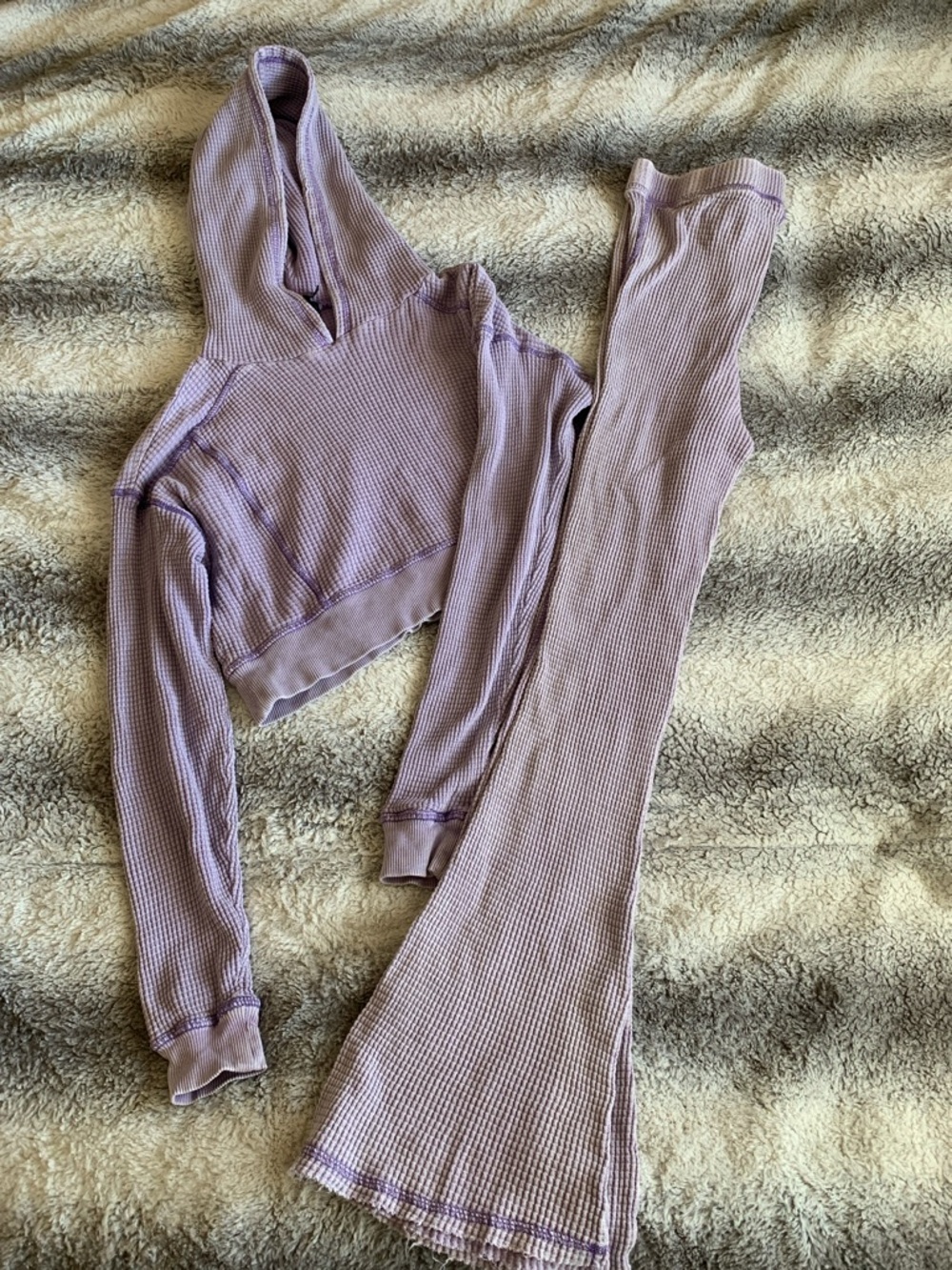 4/$30 Lavender Waffle Knit Hooded Crop Top & Flared Pants Set